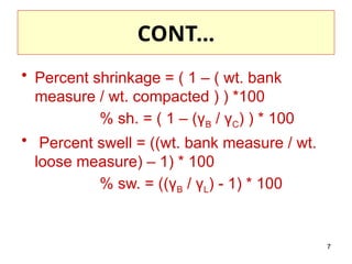CONT…
• Percent shrinkage = ( 1 – ( wt. bank
measure / wt. compacted ) ) *100
% sh. = ( 1 – (γB / γC) ) * 100
• Percent swell = ((wt. bank measure / wt.
loose measure) – 1) * 100
% sw. = ((γB / γL) - 1) * 100
7
 