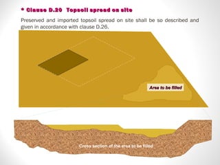 Area to be filledArea to be filled
* Clause D.20* Clause D.20 TopsoilTopsoil spreadspread onon sitesite
Preserved and imported topsoil spread on site shall be so described and
given in accordance with clause D.26.
Cross section of the area to be filled
 