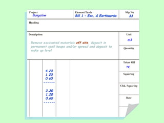 Project Element/Trade Slip No
Heading
Description: Unit
Quantity
Taker Off
Squaring
Chk. Squaring
Rate
Remove excavated materials off site, deposit in
permanent spoil heaps and/or spread and deposit to
make up level
Bill 1 – Exc. & Earthworks 33
m3
4.20
1.20
0.60
------
TK
Bungalow
3.30
1.20
0.60
------
 