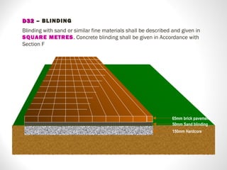 D32D32 – BLINDING
Blinding with sand or similar fine materials shall be described and given in
SQUARE METRES. Concrete blinding shall be given in Accordance with
Section F
50mm Sand blinding
65mm brick pavement
150mm Hardcore
 
