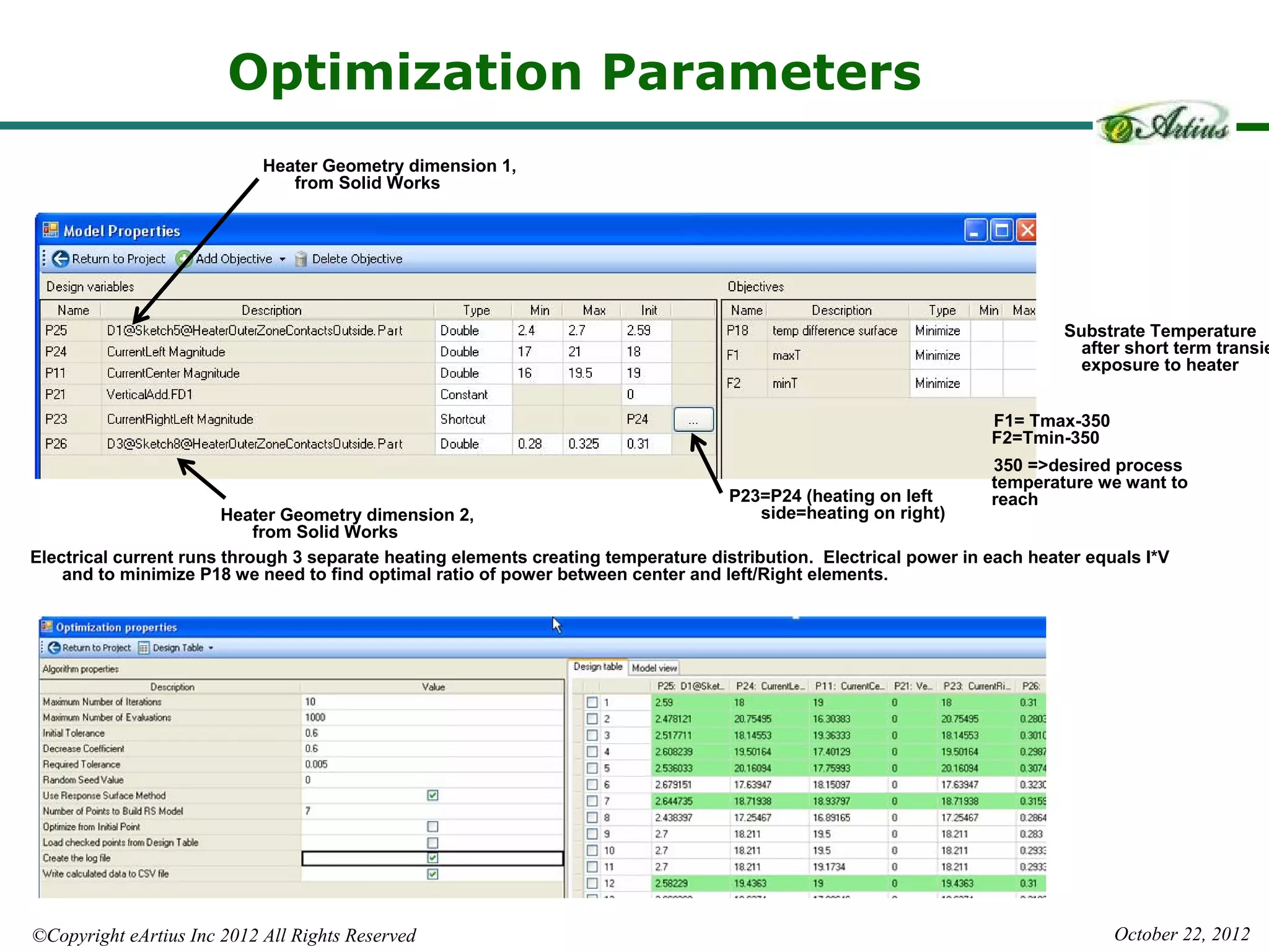 Optimization Parameters
                            Heater Geometry dimension 1,
                               from Solid Works




                                                                                                                            Substrate Temperature
                                                                                                                              after short term transie
                                                                                                                              exposure to heater


                                                                                                                   F1= Tmax-350
                                                                                                                   F2=Tmin-350
                                                                                                                   350 =>desired process
                                                                                                                   temperature we want to
                                                                                   P23=P24 (heating on left        reach
                        Heater Geometry dimension 2,                                    side=heating on right)
                            from Solid Works
Electrical current runs through 3 separate heating elements creating temperature distribution. Electrical power in each heater equals I*V
    and to minimize P18 we need to find optimal ratio of power between center and left/Right elements.




©Copyright eArtius Inc 2012 All Rights Reserved                                                                                   October 22, 2012
 