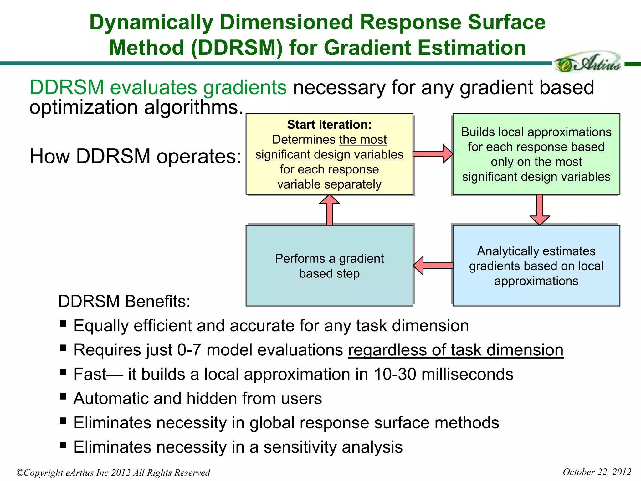 Dynamically Dimensioned Response Surface
                  Method (DDRSM) for Gradient Estimation
   DDRSM evaluates gradients necessary for any gradient based
   optimization algorithms.
                                                         Start iteration:
                                                          Start iteration:       Builds local approximations
                                                                                 Builds local approximations
                                                     Determines the most
                                                     Determines the most           for each response based
                                                                                  for each response based
   How DDRSM operates:                            significant design variables
                                                  significant design variables          only on the most
                                                                                       only on the most
                                                       for each response
                                                        for each response        significant design variables
                                                                                 significant design variables
                                                      variable separately
                                                      variable separately




                                                                                   Analytically estimates
                                                                                    Analytically estimates
                                                     Performs a gradient
                                                     Performs a gradient          gradients based on local
                                                                                  gradients based on local
                                                         based step
                                                         based step                   approximations
                                                                                       approximations
          DDRSM Benefits:
           Equally efficient and accurate for any task dimension
           Requires just 0-7 model evaluations regardless of task dimension
           Fast— it builds a local approximation in 10-30 milliseconds
           Automatic and hidden from users
           Eliminates necessity in global response surface methods
           Eliminates necessity in a sensitivity analysis
©Copyright eArtius Inc 2012 All Rights Reserved                                                    October 22, 2012
 