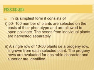 PROCEDURE
 In its simplest form it consists of
i) 50- 100 number of plants are selected on the
basis of their phenotype and are allowed to
open pollinate. The seeds from individual plants
are harvested separately.
ii) A single row of 10-50 plants i.e a progeny row,
is grown from each selected plant. The progeny
rows are evaluated for desirable character and
superior are identified.
 