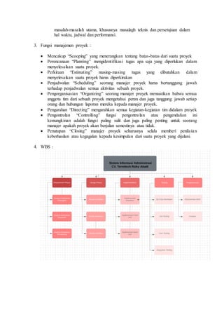 masalah-masalah utama, khususnya masalagh teknis dan persetujuan dalam
hal waktu, jadwal dan performansi.
3. Fungsi manaje...
