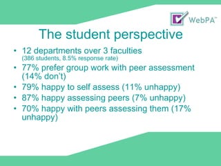 The student perspective 12 departments over 3 faculties  (386 students, 8.5% response rate) 77% prefer group work with peer assessment (14% don’t) 79% happy to self assess (11% unhappy) 87% happy assessing peers (7% unhappy) 70% happy with peers assessing them (17% unhappy) 