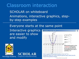 Classroom interactionSCHOLAR on whiteboardAnimations, interactive graphics, step-by-step examplesEveryone starts at the same pointInteractive graphics                          are easier to show                           and modify