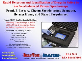 Rapid Detection and Identification of Drugs in Saliva by
       Surface-Enhanced Raman Spectroscopy
  Frank E. Inscore, Chetan Shende, Atanu Sengupta,
       Hermes Huang and Stuart Farquharson
 Focus: SERS Applications in Biofluids
   Screening Abused Drugs in Saliva
   at Road-Side & Emergency-Room
   for Driver Impairment & Overdose
   Relevant R&D Funding to RTA:
           NIH CN: 1R43CA94457-01
            NSF CN: DMI-0215819
           NASA CN: NNC05CA09C

          Jet Propulsion Laboratories
                  (Dr. Eric Wong)

         UK Road Policing Technologies
   Home Office Scientific Development Branch
    (Dr. Helen Turner, Dr. Audrey Carmichael)



www.rta.biz
860-635-9800                                                                                EAS 2011
inscore@rta.biz                 Providing Chemical Information When & Where You Need It   RTA Booth #106
 
