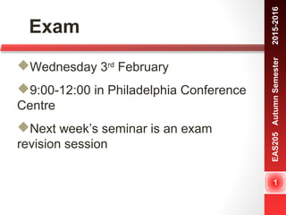 1
EAS205AutumnSemester　2013-2014
1
EAS205AutumnSemester　2015-2016
Wednesday 3rd
February
9:00-12:00 in Philadelphia Conference
Centre
Next week’s seminar is an exam
revision session
Exam
 