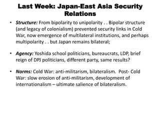 Last Week: Japan-East Asia Security
Relations
• Structure: From bipolarity to unipolarity . . Bipolar structure
(and legacy of colonialism) prevented security links in Cold
War, now emergence of multilateral institutions, and perhaps
multipolarity . . but Japan remains bilateral;
• Agency: Yoshida school politicians, bureaucrats, LDP, brief
reign of DPJ politicians, different party, same results?
• Norms: Cold War: anti-militarism, bilateralism. Post- Cold
War: slow erosion of anti-militarism, development of
internationalism – ultimate salience of bilateralism.
 