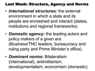 Last Week: Structure, Agency and Norms
• International structures: the external
environment in which a state and its
people are enmeshed and interact (states,
institutions and regional frameworks)
• Domestic agency: the leading actors and
policy makers of a given era
(Business/TNC leaders, bureaucracy and
ruling party and Prime Minister’s office)
• Dominant norms: Bilateralism
(international), antimilitarism,
developmentalism, economism (domestic)
 