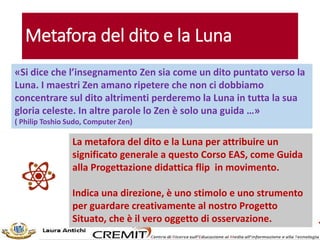 «Si dice che l’insegnamento Zen sia come un dito puntato verso la
Luna. I maestri Zen amano ripetere che non ci dobbiamo
concentrare sul dito altrimenti perderemo la Luna in tutta la sua
gloria celeste. In altre parole lo Zen è solo una guida …»
( Philip Toshio Sudo, Computer Zen)
La metafora del dito e la Luna per attribuire un
significato generale a questo Corso EAS, come Guida
alla Progettazione didattica flip in movimento.
Indica una direzione, è uno stimolo e uno strumento
per guardare creativamente al nostro Progetto
Situato, che è il vero oggetto di osservazione.
Metafora del dito e la Luna
 