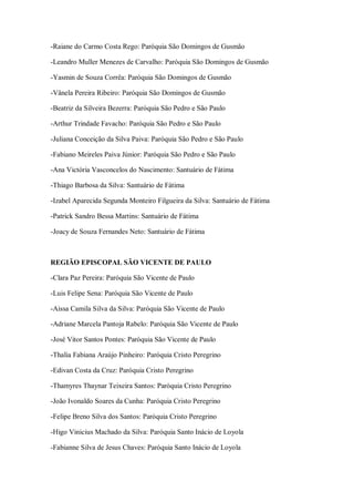 -Raiane do Carmo Costa Rego: Paróquia São Domingos de Gusmão
-Leandro Muller Menezes de Carvalho: Paróquia São Domingos de Gusmão
-Yasmin de Souza Corrêa: Paróquia São Domingos de Gusmão
-Vânela Pereira Ribeiro: Paróquia São Domingos de Gusmão
-Beatriz da Silveira Bezerra: Paróquia São Pedro e São Paulo
-Arthur Trindade Favacho: Paróquia São Pedro e São Paulo
-Juliana Conceição da Silva Paiva: Paróquia São Pedro e São Paulo
-Fabiano Meireles Paiva Júnior: Paróquia São Pedro e São Paulo
-Ana Victória Vasconcelos do Nascimento: Santuário de Fátima
-Thiago Barbosa da Silva: Santuário de Fátima
-Izabel Aparecida Segunda Monteiro Filgueira da Silva: Santuário de Fátima
-Patrick Sandro Bessa Martins: Santuário de Fátima
-Joacy de Souza Fernandes Neto: Santuário de Fátima
REGIÃO EPISCOPAL SÃO VICENTE DE PAULO
-Clara Paz Pereira: Paróquia São Vicente de Paulo
-Luis Felipe Sena: Paróquia São Vicente de Paulo
-Aissa Camila Silva da Silva: Paróquia São Vicente de Paulo
-Adriane Marcela Pantoja Rabelo: Paróquia São Vicente de Paulo
-José Vitor Santos Pontes: Paróquia São Vicente de Paulo
-Thalia Fabiana Araújo Pinheiro: Paróquia Cristo Peregrino
-Edivan Costa da Cruz: Paróquia Cristo Peregrino
-Thamyres Thaynar Teixeira Santos: Paróquia Cristo Peregrino
-João Ivonaldo Soares da Cunha: Paróquia Cristo Peregrino
-Felipe Breno Silva dos Santos: Paróquia Cristo Peregrino
-Higo Vinicius Machado da Silva: Paróquia Santo Inácio de Loyola
-Fabianne Silva de Jesus Chaves: Paróquia Santo Inácio de Loyola
 