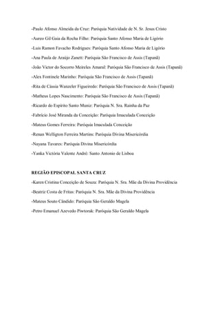 -Paulo Afonso Almeida da Cruz: Paróquia Natividade de N. Sr. Jesus Cristo
-Aureo Gil Gaia da Rocha Filho: Paróquia Santo Afonso Maria de Ligório
-Luis Ramon Favacho Rodrigues: Paróquia Santo Afonso Maria de Ligório
-Ana Paula de Araújo Zanett: Paróquia São Francisco de Assis (Tapanã)
-João Victor do Socorro Meireles Amaral: Paróquia São Francisco de Assis (Tapanã)
-Alex Fontinele Marinho: Paróquia São Francisco de Assis (Tapanã)
-Rita de Cássia Wanzeler Figueiredo: Paróquia São Francisco de Assis (Tapanã)
-Matheus Lopes Nascimento: Paróquia São Francisco de Assis (Tapanã)
-Ricardo do Espírito Santo Muniz: Paróquia N. Sra. Rainha da Paz
-Fabrício José Miranda da Conceição: Paróquia Imaculada Conceição
-Mateus Gomes Ferreira: Paróquia Imaculada Conceição
-Renan Welligton Ferreira Martins: Paróquia Divina Misericórdia
-Nayana Tavares: Paróquia Divina Misericórdia
-Yanka Victória Valente André: Santo Antonio de Lisboa
REGIÃO EPISCOPAL SANTA CRUZ
-Karen Cristina Conceição de Souza: Paróquia N. Sra. Mãe da Divina Providência
-Beatriz Costa de Fritas: Paróquia N. Sra. Mãe da Divina Providência
-Mateus Souto Cândido: Paróquia São Geraldo Magela
-Petro Emanuel Azevedo Piwtorak: Paróquia São Geraldo Magela
 