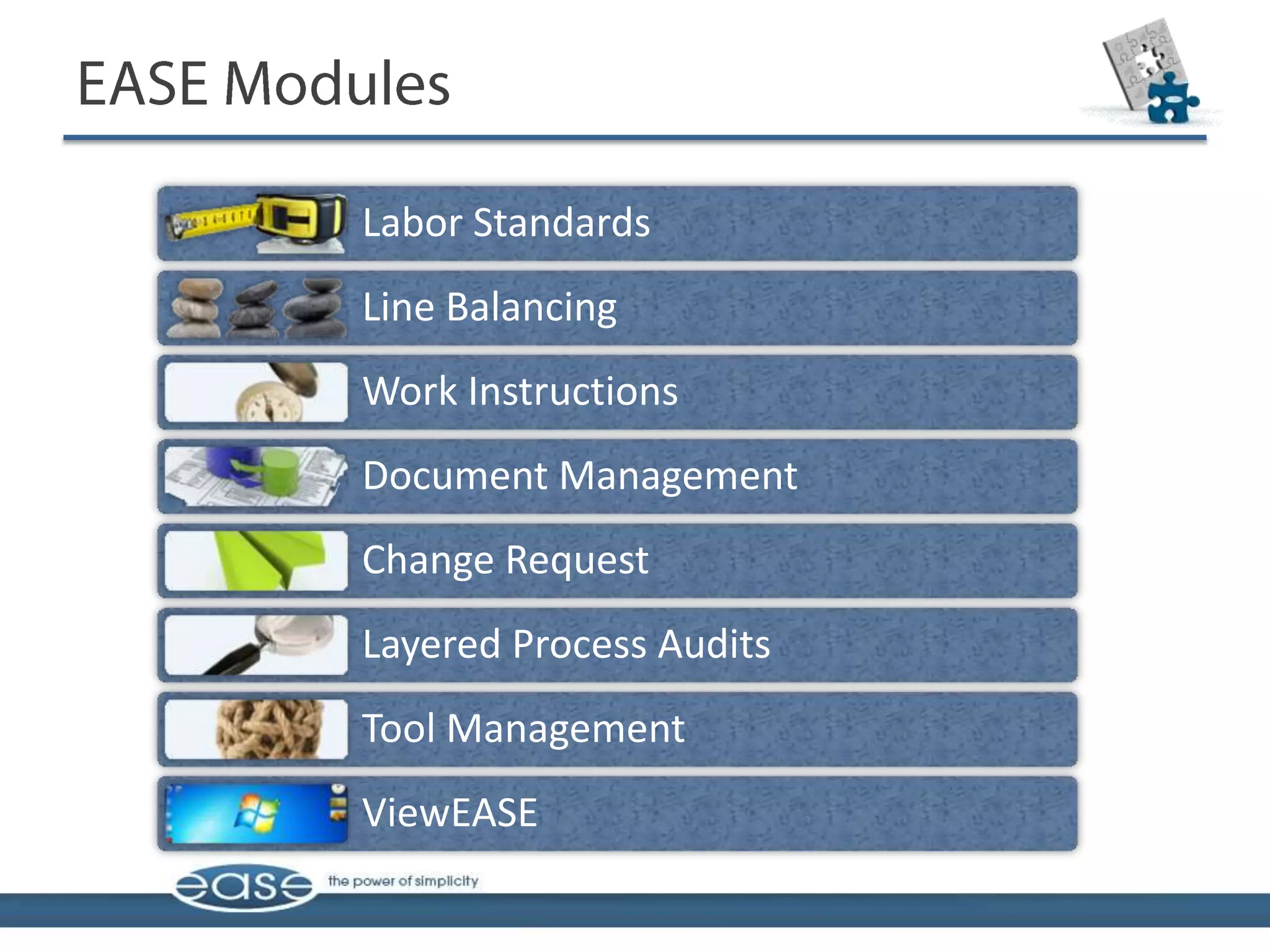 Labor Standards
Line Balancing
Work Instructions
Document Management
Change Request
Layered Process Audits
Tool Management
ViewEASE
 
