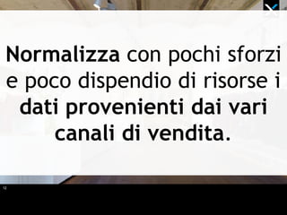12
Normalizza con pochi sforzi
e poco dispendio di risorse i
dati provenienti dai vari
canali di vendita.
 