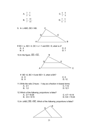 25
A.
5
3
,
9
5
C.
7
6
,
9
8
B.
7
5
,
14
10
, D.
6
5
,
5
6
9. In  ABC, DE // AB. C
D E
A B
If DC = x, AD = 4, CE = x + 1 and EB = 8, what is x?
A. 4 C. 2
B. 3 D. 1
10.In the figure, DE // AC. B
D E
A C
If BE =2, BC = 6 and BD = 3, what is BA?
A. 8 C. 5
B. 9 D. 12
11.Write the ratio 2 hours : 1 day as a fraction in lowest terms
A. 2:1 C. 1:12
B. 1:2 D. 12:1
12.Which of the following proportions is false?
A. 2:7 =8:28 C. 4:7 = 8:14
B. 3:5 = 9:15 D. 5:6 = 15:24
13.In ABC, DE // BC. Which of the following proportions is false?
B
D
 