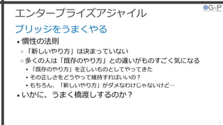 エンタープライズアジャイル
ブリッジをうまくやる
• 慣性の法則
»「新しいやり方」は決まっていない
»多くの人は「既存のやり方」との違いがものすごく気になる
▸「既存のやり方」を正しいものとしてやってきた
▸その正しさをどうやって維持すればいいの？
▸もちろん、「新しいやり方」がダメなわけじゃないけど…
• いかに、うまく橋渡しするのか？
9
 