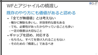 WFとアジャイルの橋渡し
既存のやり方にも価値があると認める
• 「全てが無価値」とは考えない
»確かに無駄も多いし、非効率的な面もある
»でも、必要性があったからやっていることも多い
»一定の敬意は大切なこと
• ギャップを認め、対応する
»もちろん、すべてを受け入れることもない
»そのための「橋渡し」であるべき
12
 