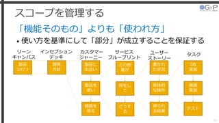 スコープを管理する
「機能そのもの」よりも「使われ方」
• 使い方を基準にして「部分」が成立することを保証する
24
開発
方針
製品に
出会い
製品を
使い
価値を
得る
カスタマー
ジャーニー
ユーザー
ストーリー
タスク
インセプション
デッキ
置かれ
た状況
具体的
な操作
得られ
る結果
DB
実装
画面
実装
テスト
製品
ｺﾝｾﾌﾟﾄ
リーン
キャンバス
どの部
署が
何をし
て
どうす
る
サービス
ブループリント
 