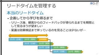 利用期間
リードタイムを管理する
本当のリードタイム
• 企画してから学びを得るまで
»リリース後、顧客からのフィードバックが得られるまでを期間と
して見るほうが望ましい
»稟議は効果検証まで伴っているのを見ることは少ないが…
47
3か月（企画） 3か月（開発）
3か月（企画） 3か月（開発）
3か月（企画） 3か月（開発）
3か月（企画） 3か月（開発）
 