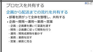 プロセスを共有する
企画から配送までの流れを共有する
• 部署を跨がって全体を整理し、共有する
• 企画～開発～運用～業務～営業
»企画：企画書を書いて稟議を通す
»開発：企画書に従って開発を行う
»運用：開発成果物を動かす
»業務：業務を回す
»営業：顧客に売る
50
 