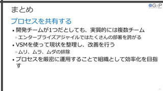 まとめ
プロセスを共有する
• 開発チームが1つだとしても、実質的には複数チーム
»エンタープライズアジャイルではたくさんの部署を跨がる
• VSMを使って現状を整理し、改善を行う
»ムリ、ムラ、ムダの排除
• プロセスを厳密に運用することで組織として効率化を目指
す
61
 