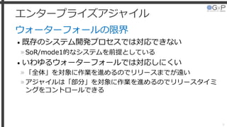 エンタープライズアジャイル
ウォーターフォールの限界
• 既存のシステム開発プロセスでは対応できない
»SoR/mode1的なシステムを前提としている
• いわゆるウォーターフォールでは対応しにくい
»「全体」を対象に作業を進めるのでリリースまでが遠い
»アジャイルは「部分」を対象に作業を進めるのでリリースタイミ
ングをコントロールできる
6
 