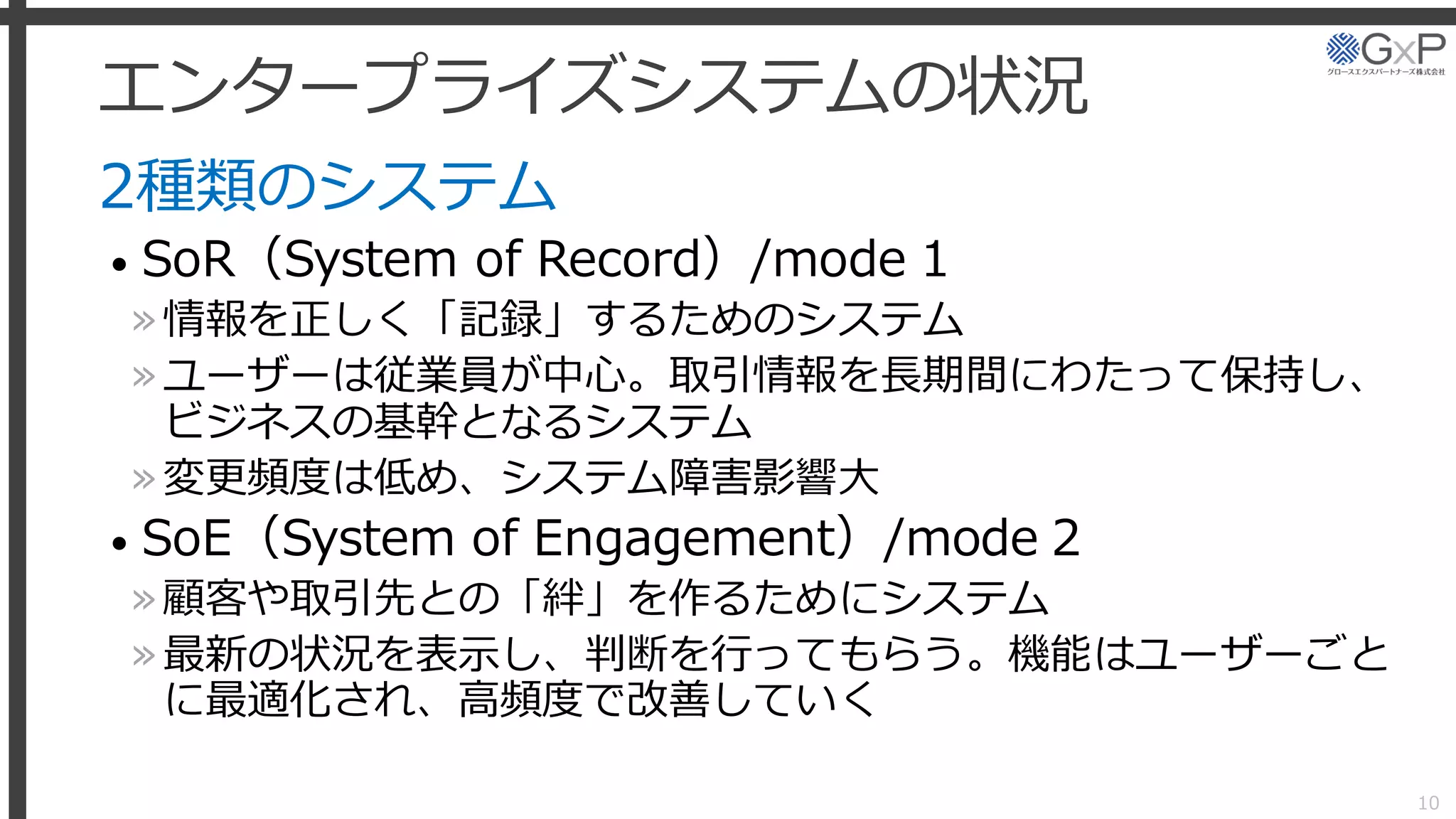 エンタープライズシステムの状況
2種類のシステム
• SoR（System of Record）/mode 1
»情報を正しく「記録」するためのシステム
»ユーザーは従業員が中心。取引情報を長期間にわたって保持し、
ビジネスの基幹となるシステム
»変更頻度は低め、システム障害影響大
• SoE（System of Engagement）/mode 2
»顧客や取引先との「絆」を作るためにシステム
»最新の状況を表示し、判断を行ってもらう。機能はユーザーごと
に最適化され、高頻度で改善していく
10
 