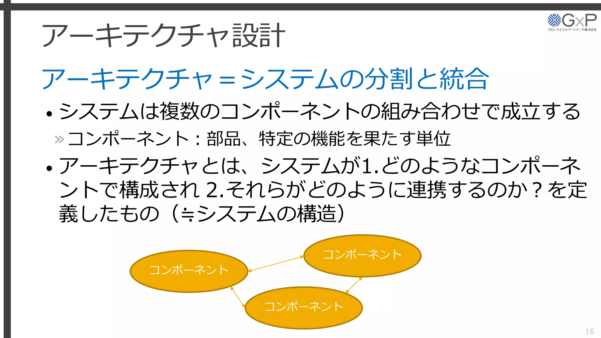 アーキテクチャ設計
アーキテクチャ＝システムの分割と統合
• システムは複数のコンポーネントの組み合わせで成立する
»コンポーネント：部品、特定の機能を果たす単位
• アーキテクチャとは、システムが1.どのようなコンポーネ
ントで構成され 2.それらがどのように連携するのか？を定
義したもの（≒システムの構造）
16
コンポーネント
コンポーネント
コンポーネント
 