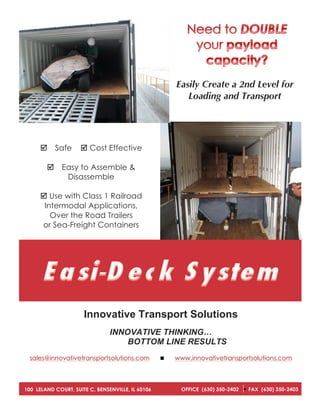 Easily Create a 2nd Level for
Loading and Transport

þ
þ

Safe

þ Cost Effective

Easy to Assemble &
Disassemble

þ Use with Class 1 Railroad
Intermodal Applications,
Over the Road Trailers
or Sea-Freight Containers

Innovative Transport Solutions
INNOVATIVE THINKING…
BOTTOM LINE RESULTS
sales@innovativetransportsolutions.com

100 LELAND COURT, SUITE C, BENSENVILLE, IL 60106

n

www.innovativetransportsolutions.com

OFFICE (630) 350-2402 w FAX (630) 350-2403

 