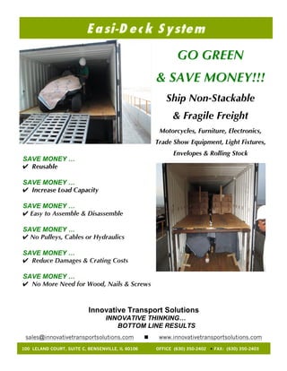 GO GREEN
& SAVE MONEY!!!
Ship Non-Stackable
& Fragile Freight
Motorcycles, Furniture, Electronics,
Trade Show Equipment, Light Fixtures,
Envelopes & Rolling Stock

SAVE MONEY …
✔ Reusable
SAVE MONEY …
✔ Increase Load Capacity
SAVE MONEY …
✔ Easy to Assemble & Disassemble
SAVE MONEY …
✔ No Pulleys, Cables or Hydraulics
SAVE MONEY …
✔ Reduce Damages & Crating Costs
SAVE MONEY …
✔ No More Need for Wood, Nails & Screws

Innovative Transport Solutions
INNOVATIVE THINKING…
BOTTOM LINE RESULTS
sales@innovativetransportsolutions.com
100 LELAND COURT, SUITE C, BENSENVILLE, IL 60106

n

www.innovativetransportsolutions.com
OFFICE (630) 350-2402 w FAX: (630) 350-2403

 