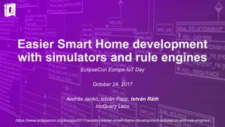Easier Smart Home development
with simulators and rule engines
EclipseCon Europe IoT Day
October 24, 2017
András Jankó, István Papp, István Ráth
IncQuery Labs
https://www.eclipsecon.org/europe2017/session/easier-smart-home-development-simulators-and-rule-engines
 