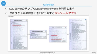 • SQL ServerのサンプルDB AdventureWorksを利用します
• プロダクト別の総売上をCSV出力するコンソール アプリ
Overview
Copyright 2018 @nuits_jp Slide 34
 