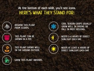 At the bottom of each slide, you’ll see icons.
Here’s what they stand for:
- Regrow this plant from scraps.
- This plant c...