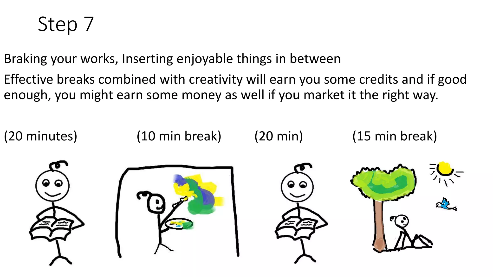 Step 7
Braking your works, Inserting enjoyable things in between
Effective breaks combined with creativity will earn you some credits and if good
enough, you might earn some money as well if you market it the right way.
(20 minutes) (10 min break) (20 min) (15 min break)
 