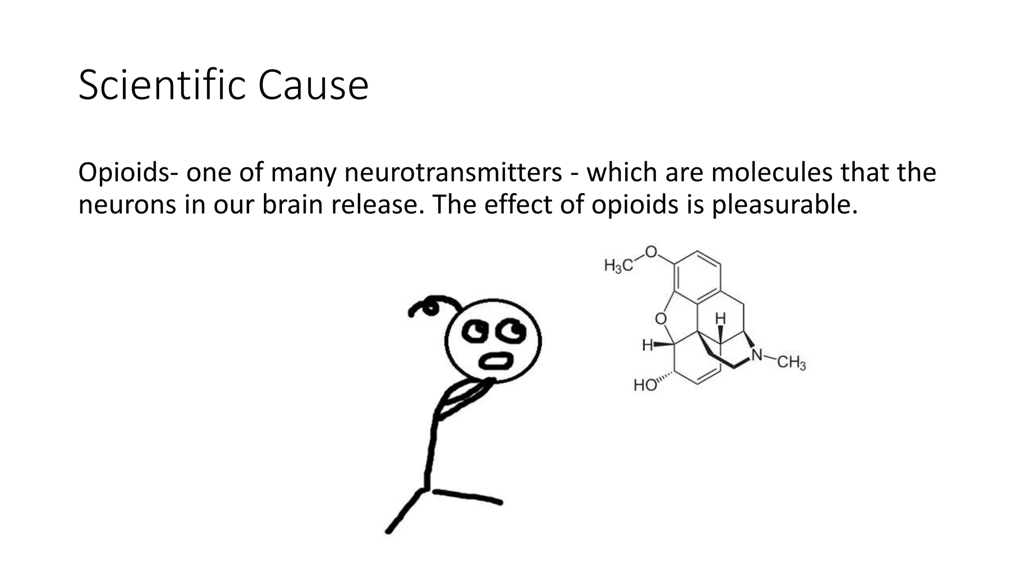 Scientific Cause
Opioids- one of many neurotransmitters - which are molecules that the
neurons in our brain release. The effect of opioids is pleasurable.
 