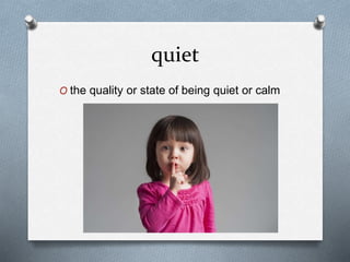 quiet
O the quality or state of being quiet or calm
 