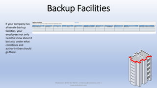 Backup Facilities
If your company has
alternate backup
facilities, your
employees not only
need to know about it
but also under what
conditions and
authority they should
go there.
XSolutions: (845) 362-9675 | contactus@xsolutions.com |
www.xsolutions.com
 