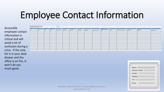 Employee Contact Information
Accessible
employee contact
information is
critical and will
avoid a lot of
confusion during a
crisis. If the only
list is in your desk
drawer and the
office is on fire, it
won’t do you
much good.
XSolutions: (845) 362-9675 | contactus@xsolutions.com |
www.xsolutions.com
 