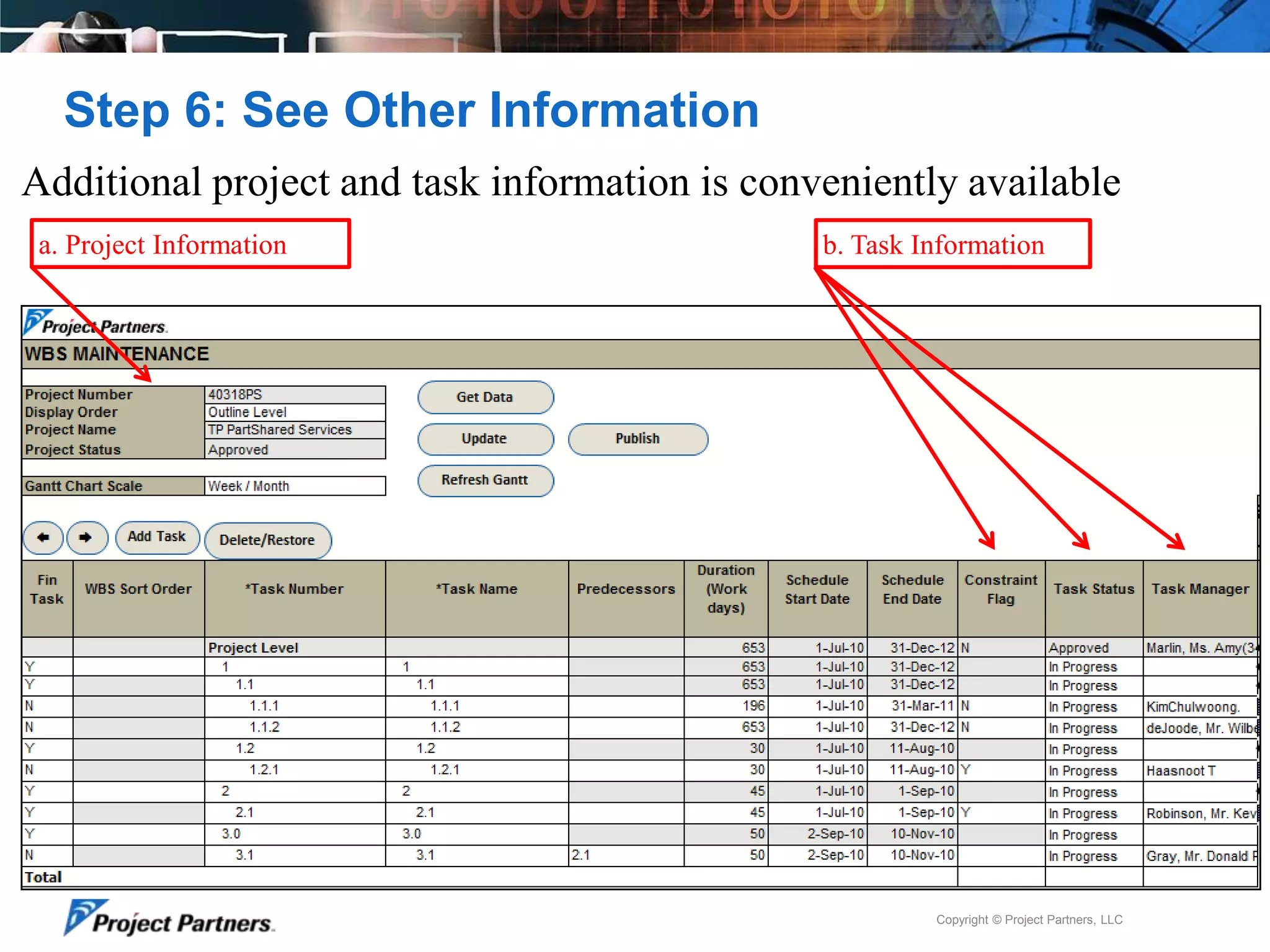 Step 6: See Other Information
Additional project and task information is conveniently available
a. Project Information

b. Task Information

Copyright © Project Partners, LLC

 