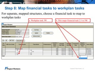 Step 8: Map financial tasks to workplan tasks
For separate, mapped structures, choose a financial task to map to
workplan tasks
a. Workplan task 3W

b. This maps financial task 2.1 to 3W

Copyright © Project Partners, LLC

 