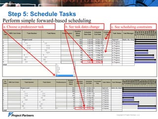 Step 5: Schedule Tasks
Perform simple forward-based scheduling
a. Choose a predecessor task

b. See task dates change

c. See scheduling constraints

Copyright © Project Partners, LLC

 