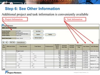 Step 6: See Other Information
Additional project and task information is conveniently available
a. Project Information

b. Task Information

Copyright © Project Partners, LLC

 