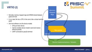 Information Classification: General
VIRTIO (2)
• Normally, memory mapped regs and DRAM shared between
guest and host
• In our case, the risc-v CPU in the core is like a virtual machine
guest
• And host software runs the device models
• A file per block device
• /dev/tun enables device model to send and receive
ethernet packets
• UART connected to pseudo terminal
Memory
Mapped
Regs
DRAM
Req queue
Req queue
Req queue
Device Implementations / Models
 
