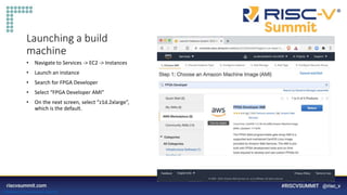 Information Classification: General
Launching a build
machine
• Navigate to Services -> EC2 -> Instances
• Launch an instance
• Search for FPGA Developer
• Select “FPGA Developer AMI”
• On the next screen, select “z1d.2xlarge”,
which is the default.
 