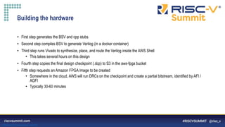 Information Classification: General
Building the hardware
• First step generates the BSV and cpp stubs
• Second step compiles BSV to generate Verilog (in a docker container)
• Third step runs Vivado to synthesize, place, and route the Verilog inside the AWS Shell
• This takes several hours on this design
• Fourth step copies the final design checkpoint (.dcp) to S3 in the aws-fpga bucket
• Fifth step requests an Amazon FPGA Image to be created
• Somewhere in the cloud, AWS will run DRCs on the checkpoint and create a partial bitstream, identified by AFI /
AGFI
• Typically 30-60 minutes
 