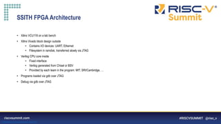 Information Classification: General
SSITH FPGA Architecture
• Xilinx VCU118 on a lab bench
• Xilinx Vivado block design outside
• Contains I/O devices: UART, Ethernet
• Filesystem in ramdisk, transferred slowly via JTAG
• Verilog CPU core inside
• Fixed interface
• Verilog generated from Chisel or BSV
• Provided by each team in the program: MIT, SRI/Cambridge, …
• Programs loaded via gdb over JTAG
• Debug via gdb over JTAG
 