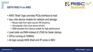 Information Classification: General
SSITH RISC-V on AWS
• AWS “Shell” logic provides PCIe interface to host
• Use virtio device models for network and storage
• Reuse code from open source VM (tinyemu)
• Use popular virtio Linux device drivers
• DMA transfers from device models for high performance
• Load code via DMA instead of JTAG for faster startup
• CPUs running at 100MHz
• All logic except AWS Shell and IP cores in BSV
 