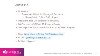 BlueMetal Presentation Insight Proprietary & Confidential. Do Not Copy or Distribute. © 2017 Insight Direct USA, Inc. All Rights Reserved. 2
• BlueMetal
• Senior Architect in Managed Services
• SharePoint, Office 365, Azure
• President and Co-Founder of BASPUG
• Co-Founder of Office 365 Users Group
• Co-Organizer for SharePoint Saturday New England
• Blog: http://www.SharePointYankee.com
• Email: geoffv@bluemetal.com
• Twitter: @gvaro
About Me
 