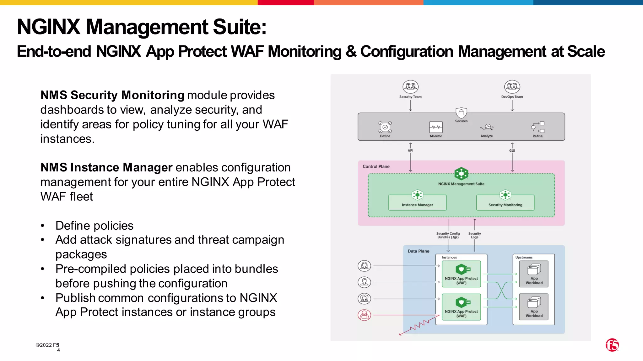 ©2022 F5
1
4
NGINX Management Suite:
End-to-end NGINX App Protect WAF Monitoring & Configuration Management at Scale
NMS Security Monitoring module provides
dashboards to view, analyze security, and
identify areas for policy tuning for all your WAF
instances.
NMS Instance Manager enables configuration
management for your entire NGINX App Protect
WAF fleet
• Define policies
• Add attack signatures and threat campaign
packages
• Pre-compiled policies placed into bundles
before pushing the configuration
• Publish common configurations to NGINX
App Protect instances or instance groups
 